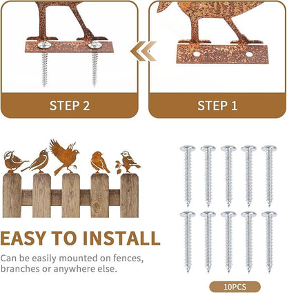 Geila 5PCS Rusty Birds Decoration, Fence Decorations Outdoor, Metal Birds Yard Decor Perfect Yard Art and Large Outdoor Ornaments (F)