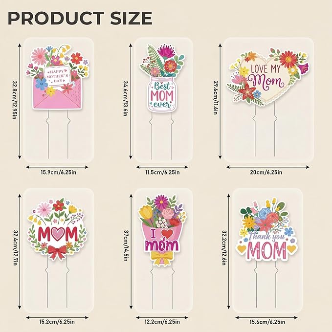 Rngmsi Mothers Day Plant Stakes Flower Pots Signs, 6PCS Happy Mother's Day Metal Garden Stakes Decorative Outdoor, Thank You Mom Yard Decor for Home Lawn Party Supplies