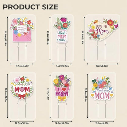 Rngmsi Mothers Day Plant Stakes Flower Pots Signs, 6PCS Happy Mother's Day Metal Garden Stakes Decorative Outdoor, Thank You Mom Yard Decor for Home Lawn Party Supplies