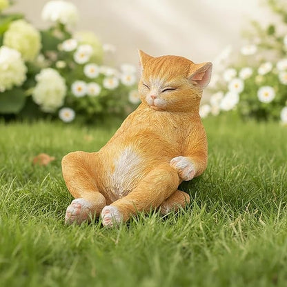 Orange Cat Garden Statue, Funny Resin Cat Figurine for Outdoor Indoor Decor, Cute Relaxing Cat Sculpture for Patio Yard Lawn Porch Shelf, Cat Lover Gift, Weather Resistant, 9.8" L x 5.9" W x 6.7" H