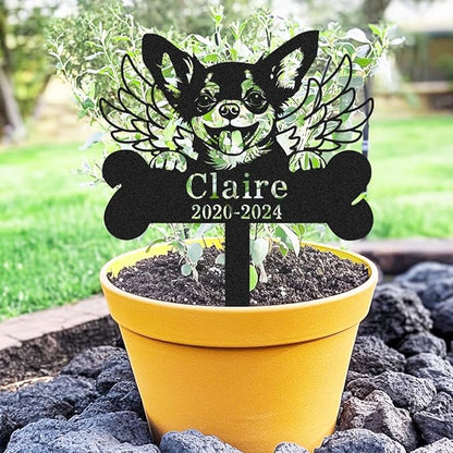 Custom Dog Memorial Grave Marker with Wings, Personalized Chihuahua Memorial Stake Bone Burial Marker Metal Engraved Sign, Customized Dog Memorial Decorations Garden Stake with Name & Date