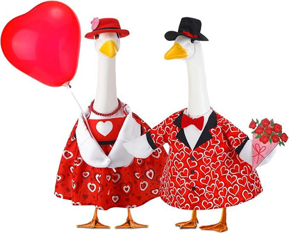 Abbylike 2 Sets Wedding Porch Goose Outfits Red Heart Porch Yard Goose Outfits Clothes Costume Fits Large 23'' Cement for Valentine's Day Garden Yard Statue Pathway Decorations