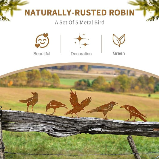 Geila 5PCS Rusty Birds Decoration, Fence Decorations Outdoor, Metal Birds Yard Decor Perfect Yard Art and Large Outdoor Ornaments (C)
