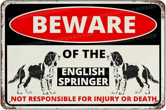 Beware Of The Dog English Springer Sign Aluminum Metal Tin Signs Outdoor Yard Sign Warning Sign For Fence Yard Home Kitchen Farm Garden Wall Decor 8x12 Inch