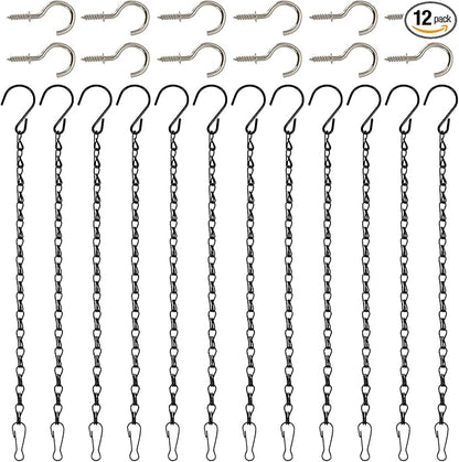 12 Pcs Adjustable Hanging Chains with S Hooks,10 Inch Black Metal Plant Hanger Chain for Hanging Baskets, Bird Feeders, Lanterns, Wind Chimes (Comes with 12 Replacement Metal Plant Hooks)