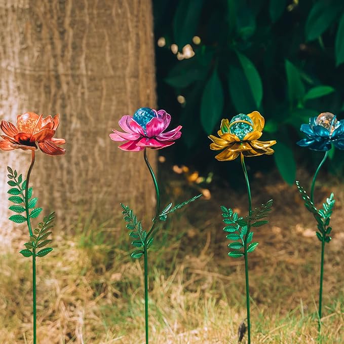 Viveta 4 Pack Flower Garden Stakes Decor, 12.9 inch Metal Flowers Outdoor Decor Waterproof Metal Flower Sticks for Patio, Lawn, Yard Decorations