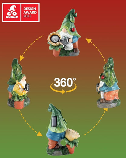 GoGnome Solar-Powered Large Garden Gnome Watering Can Sunflower - 12 in Garden Decor Gnomes Decorations for Yard Lawn Ornaments Outside Statue Figurine LED Lights (Gnome)