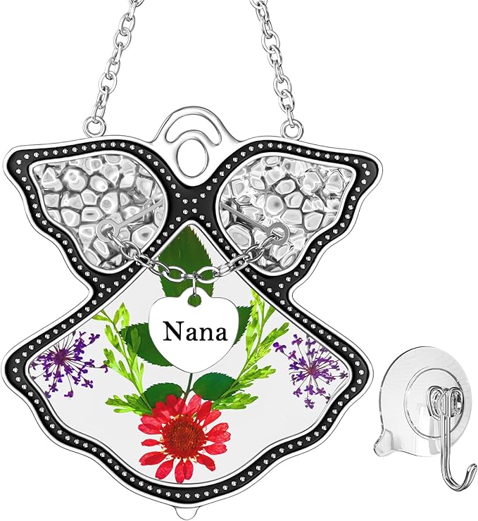 KY&BOSAM Angel Suncatcher Nana Stained Glass for Windows Hangings Wind Chime Home Decor with Pressed Drived Flower in Glass and Metal Charm Birthdays Gifts for Nana Mothers Day Valentines Christmas