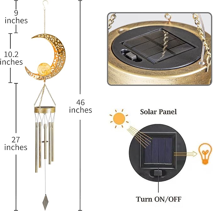Moon Solar Wind Chimes for Outside Lights Gifts for Mom Wife Unique Crackle Glass LED Warm Light Outdoor Hanging Decor Windchimes for Garden Yard Patio Christmas Birthday Mothers Day