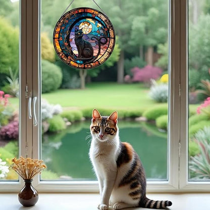 Black Cat Stained Glass Window Hanging,7.87’’ Stained Glass Suncatcher for Window for Cat Lovers,Hanging Ornaments Round Women Gifts for Family Friends, Housewarming Gift (A Style)
