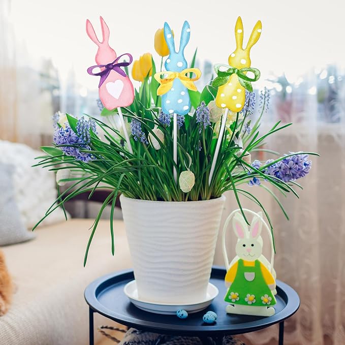 3 Pack Pastel Easter Planter Stakes Bunny Shaped Garden Signs Polka Dot Rabbit Decorative Spring Plant Sticks Bunny Outdoor Decor for Easter Patio Yard Lawn Planter Supplies