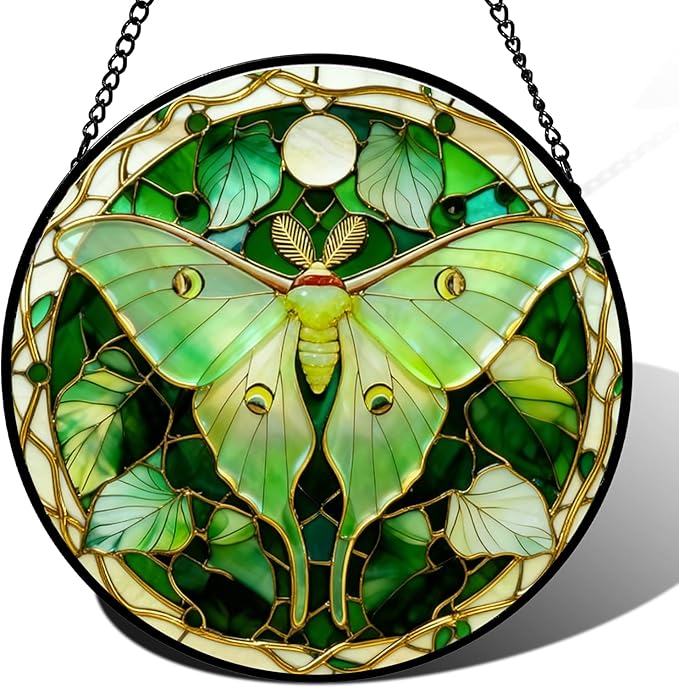 Stained Glass Window Hanging, Luna Moth Butterfly Suncatcher for Window Doors Garden Home Decoration, Green Glass Panel Ornaments for Women,Men,Wife, Lovers, and Mom 7.8×7.8 in