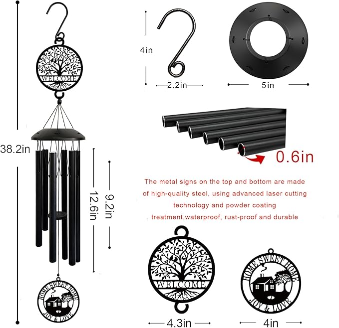 House Warming Gifts New Home, 37" Black Wind Chimes Housewarming Gifts, New Home Gift Ideas for Women Men Homeowners Couples Family Friends,Outdoor Decor for Patio,Garden,Yard