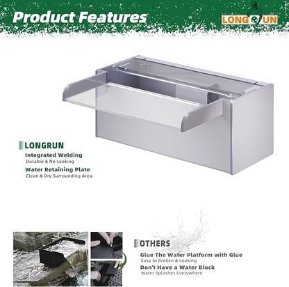 Longrun Pond Waterfall Box with Pump Kit, Transparent Acrylic Pond Waterfall Spillway with 680 GPH 3000L/H Pump for Ponds, Pond Spillway Color-Changing LED Light Strip for Garden (11.8")