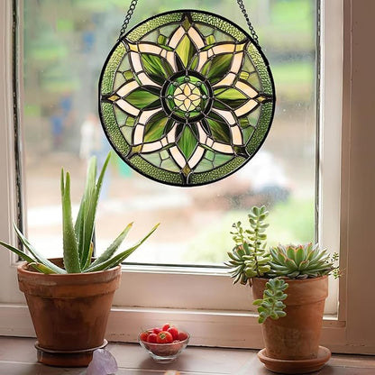 Stained Glass Window Hanging - White Green Boho Flower Suncatcher for Doors Window Home Sun Catchers Decor Christmas Mother's Day Birthday Gifts for Teacher Women Men Mom Nana 11.8 in