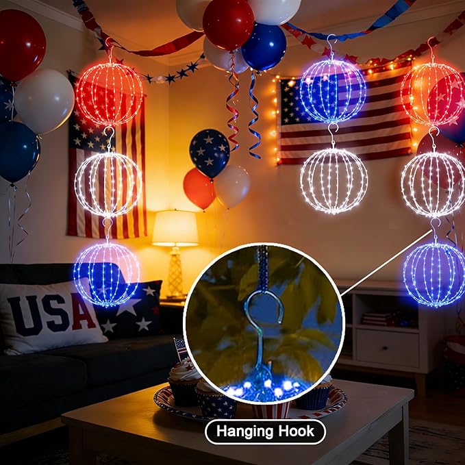12 Inch 3PK Patriotic Light Ball, Red White Blue Foldable Metal Sphere Lights with 180 LED 16 Modes & Timer, Hanging Globe Lights for 4th of July, Memorial Day & Independence Day Outdoor Holiday Decor