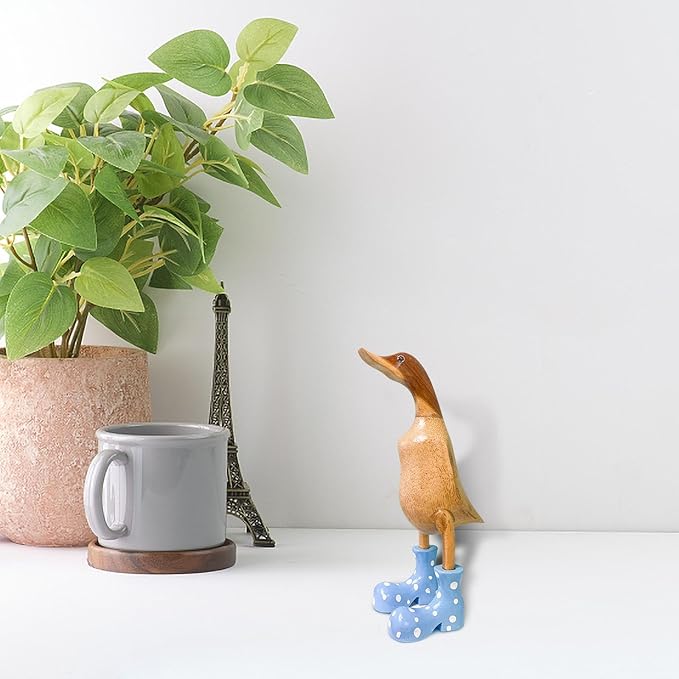 Wooden Crafted Duck Figurine with Spotty Wellies Funny Standing Duck Statues Decorative Resin Rain Boot Animal Sculpture Collectible Crafts Waterproof Garden Lawn Ornament (Blue, 5.9Inch)