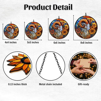 Vivid Ram Mosaic Floral Art Acrylic Suncatcher Stained Glass Effect Window Car Hanging Christmas Ornament Indoor Outdoor Decor Garden Sun Catcher Panel for Zodiac Lover for Women Mom Grandma