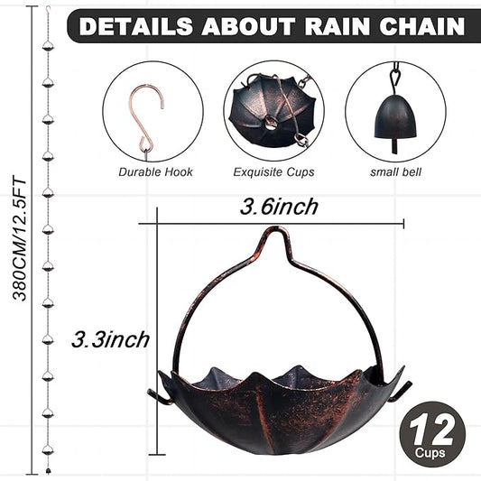 Invech Adjustable Rain Chains for Gutters, 12.5FT Outside Rain Chains with 12 Cups, Umbrella Shaped Rain Catcher Chain with Bell for Eaves Drainage, Replacement for Downpout