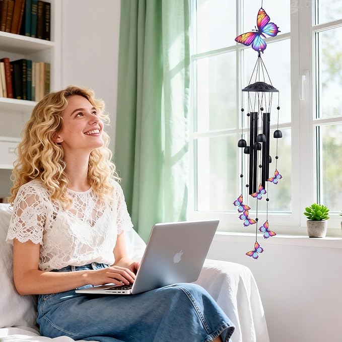 39" Butterfly Wind Chimes for Outside, Balck Metal WindChimes Suitable for Patio, Garden Hanging Decorations, Butterfly Gifts for Birthday Mother’s Day