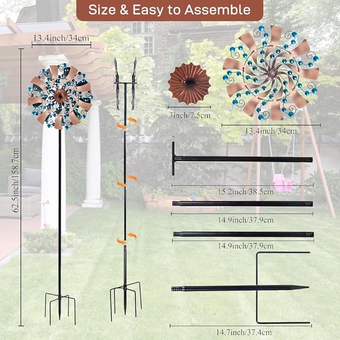 VEWOGARDEN Kinetic Wind Spinners Outdoor 13" Dia Metal Wind Spinner with Stakes Yard Art for Garden Patio Lawn Decorations, Blue & Antique Bronze