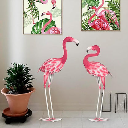 Set of 2 Pink Flamingo Outdoor Statues, Metal Yard Flamingo for Garden Patio Lawn Backyard Decorations