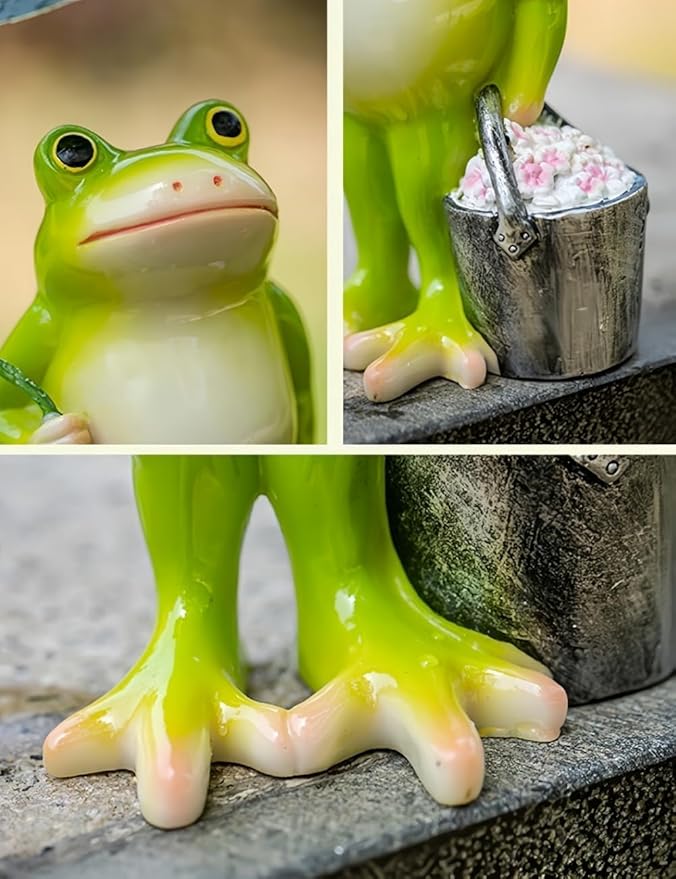 Adorable Animal Garden Statue with Umbrella - Charming Outdoor Decor for Yard, Patio, or Garden (Frog Carrying a Bucket)