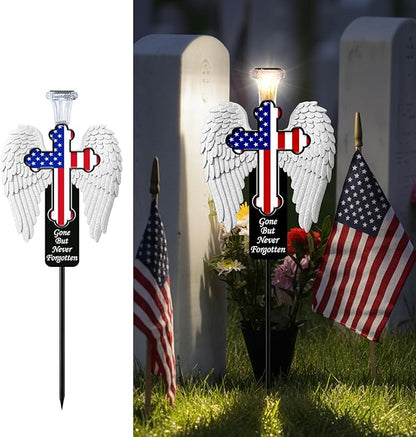 Solar Memorial Cross with Angel Wings - Patriotic American Flag Cemetery Decorations - Waterproof LED Grave Marker, Veterans Day & Father's Day Sympathy Gift for Loss of Loved One(Angel Wings)