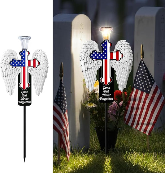 Solar Memorial Cross with Angel Wings - Patriotic American Flag Cemetery Decorations - Waterproof LED Grave Marker, Veterans Day & Father's Day Sympathy Gift for Loss of Loved One(Angel Wings)