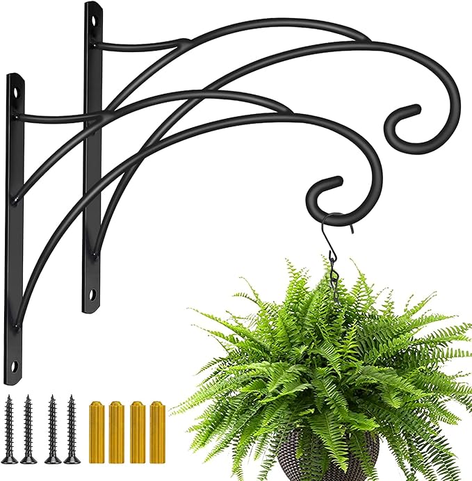 Hanging Plant Brackets, Pack of 2 Iron Hanging Basket Bracket Durable Weather-Resistant Outdoor Plant Hooks for Hanging Plant Lantern Windchime Birdhouse Metal Sign Fruit Bracket, Screw Included
