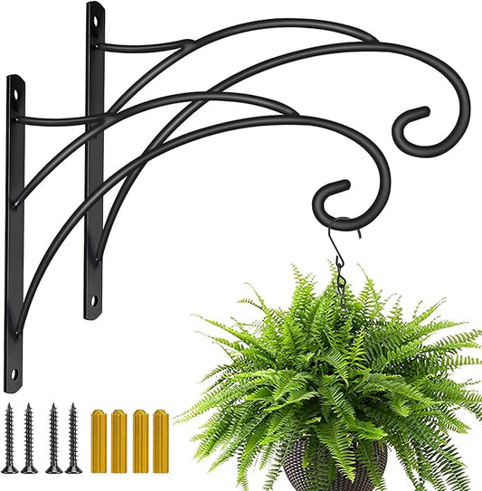 Hanging Plant Brackets, Pack of 2 Iron Hanging Basket Bracket Durable Weather-Resistant Outdoor Plant Hooks for Hanging Plant Lantern Windchime Birdhouse Metal Sign Fruit Bracket, Screw Included