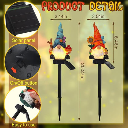Rossesay 2 Pack Garden Decor Gnome Statues with Solar Lights Gnomes Lights Gifts for Mom Grandma Gnome Figurine for Outdoor Garden Pathway Lawn Patio Yard Decoration