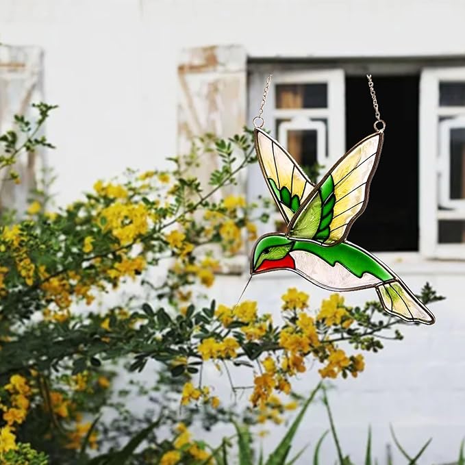 Hummingbird Stained Glass Window Hanging Light Catchers Home Decor Handmade Ruby Throated Bird Sun Catchers Indoor Window Ornament Hummingbird Gifts for Women & Mom Bird Lovers