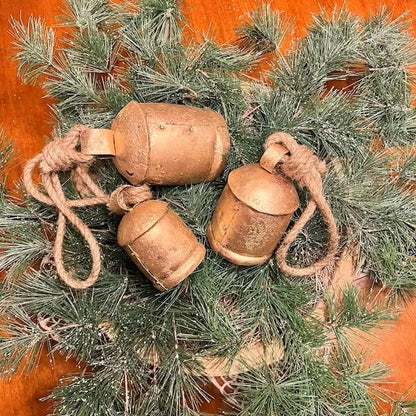 Mango Gifts Handmade Rustic Iron Tin Metal Vintage Harmony Bells Rustic Brass Country Style Large Bell Relaxing Tranquil Wind Chimes Christmas Hanging, Bells on Rope Set of 3 Pieces
