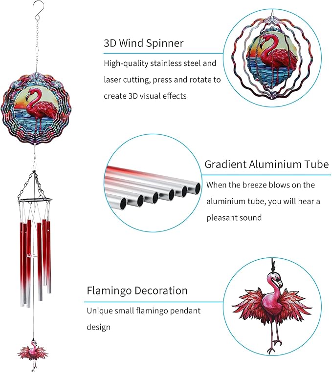 Flamingo Wind Spinner Chimes Outdoor - Hanging Garden Decor with Spinning Flamingo, Metal Wind Chimes for Patio, Yard, Backyard - Birthday Housewarming Gifts for Women/Mom/Grandma