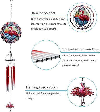 Flamingo Wind Spinner Chimes Outdoor - Hanging Garden Decor with Spinning Flamingo, Metal Wind Chimes for Patio, Yard, Backyard - Birthday Housewarming Gifts for Women/Mom/Grandma
