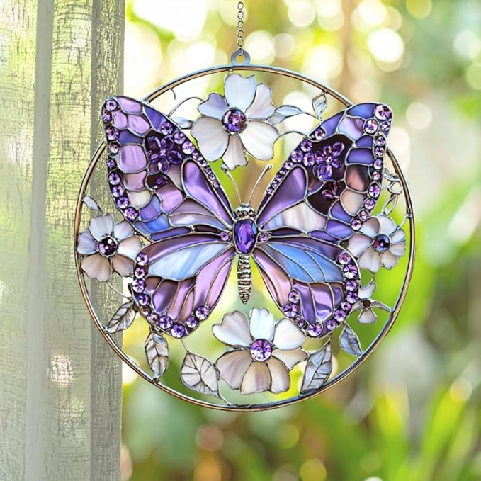 Violet Butterfly Acrylic Suncatcher, Boho Suncatchers for Window Hangings, Stained Glass Effect Indoor Outdoor Garden Decor for Butterfly Lover, Gifts for Mother's Day, Mom, Grandma, Wife, Women