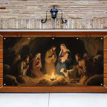 HOMETITUTE 13x6ft Nativity Scene Garage Door Banner Shepherds Adoring Baby Jesus Mary Polyester Large Outdoor Xmas Decoration for Holiday Party Winter Yard Home School Church Community Display