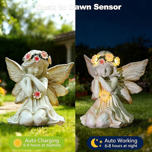 VEEKI Solar Angel Garden Statue Outdoor, Praying Angel Statues Solar Figurine Lights Outdoor Waterproof, Resin Angel Sculpture for Garden Yard Lawn Grave Cemetery Decor, Gift for Mom Grandma Women