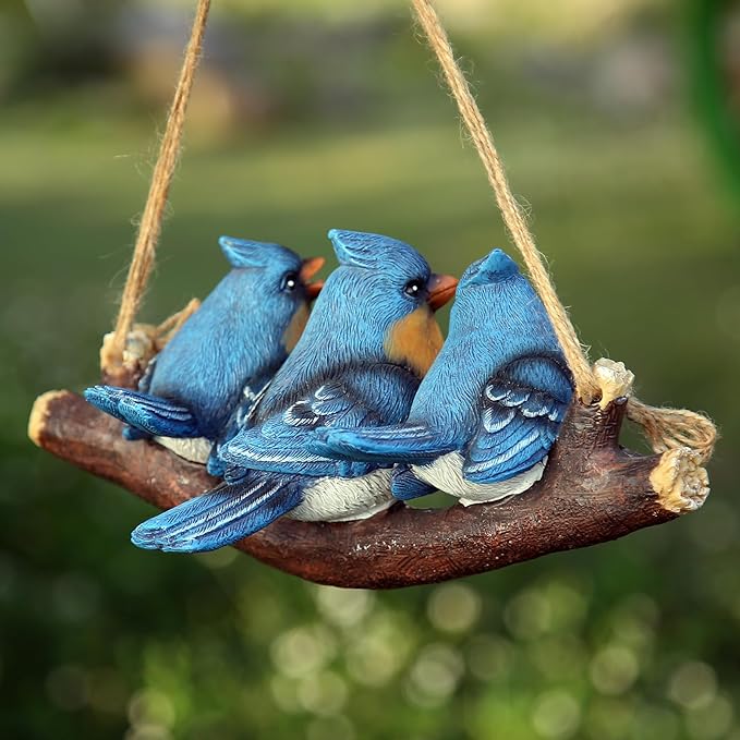 Decorative Hanging Bird Ornament, Three Blue Birds on Branch, Garden Outdoor Decor, Hanging Tropical Bird Patio, Lawn, Tree Porch Decor Large Size: 11 inches