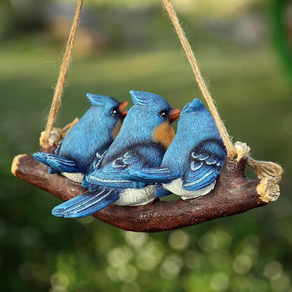Decorative Hanging Bird Ornament, Three Blue Birds on Branch, Garden Outdoor Decor, Hanging Tropical Bird Patio, Lawn, Tree Porch Decor Large Size: 11 inches