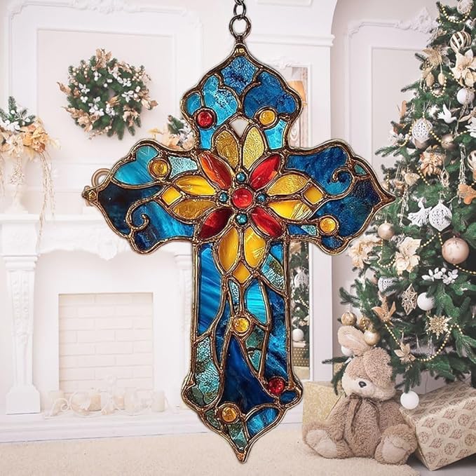 Mosaic Style Christian Cross Tiffany Effect Acrylic Suncatcher Stained Glass Effect Window Car Hanging Christmas Ornament Indoor Outdoor Decor Garden Sun Catcher Panel for Women Mom Grandma