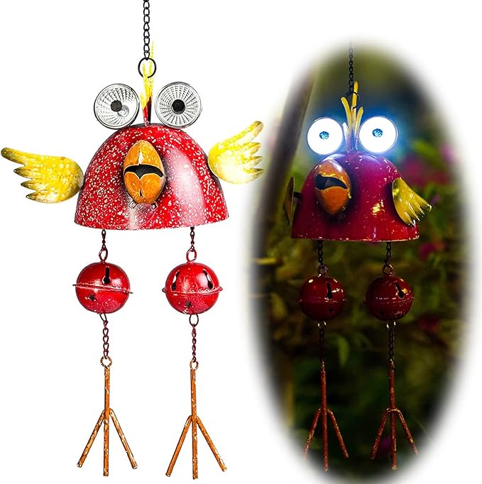 Rooster Solar Wind Chimes for Outside,Funny Chicken Decor for Outdoor Patio Porch or Backyard, Rooster Decor Christams Gift for Women, Mom, Grandma, Unisex (Red)
