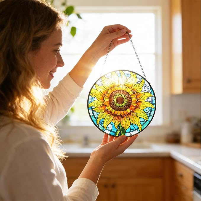 Sunflower Decor Suncatcher Stained Glass Window Hanging 7.87” Handmade Garden Suncatchers for Windows Hanging - Sun Catchers Wall Art Glass Panel Gifts for Mother's Day Christmas Birthday ﻿