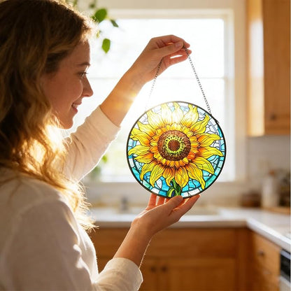 Sunflower Decor Suncatcher Stained Glass Window Hanging 7.87” Handmade Garden Suncatchers for Windows Hanging - Sun Catchers Wall Art Glass Panel Gifts for Mother's Day Christmas Birthday ﻿