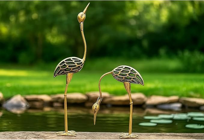 Seraphic Cast Iron Metal Crane/Heron Bird Garden Sculptures Statues for Indoor or Outdoor Lawn Decor, Rustic Bronze, Set of 2