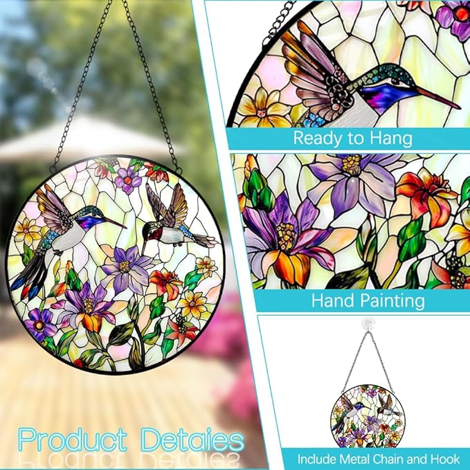 Hummingbird Sun Catcher Stained Glass Window Hanging - Wildflower and Bird Suncatchers for Windows Stained Glass Suncatcher - Sun Catchers Indoor Wall Art Home Decor Gift for Mom Grandma Bird Lovers