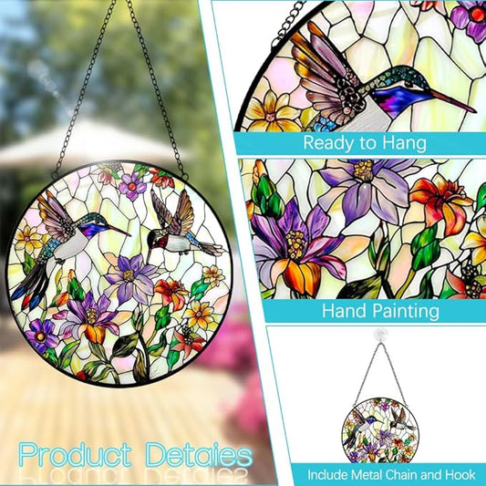 Hummingbird Sun Catcher Stained Glass Window Hanging - Wildflower and Bird Suncatchers for Windows Stained Glass Suncatcher - Sun Catchers Indoor Wall Art Home Decor Gift for Mom Grandma Bird Lovers