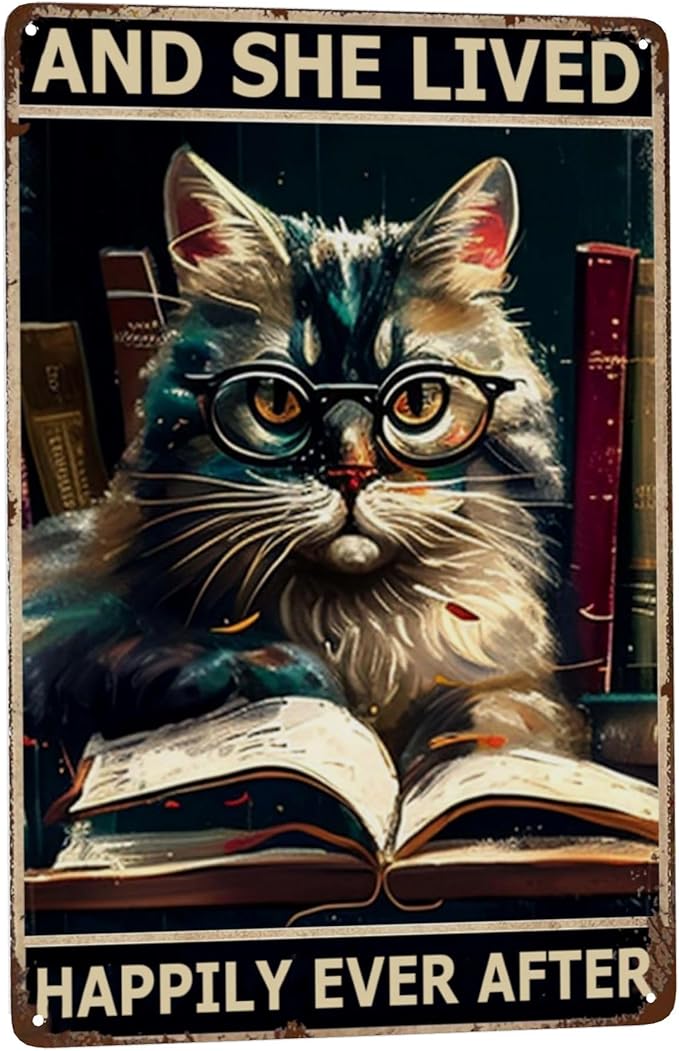 Vintage Metal & Tin Signs for Retro Boho, Hippie & Library Decor with Cat, Glasses & Garden Plaques - Perfect Wall Art for Home Office, Bathroom or Yard - 12x8 Chalkboard Style Prints