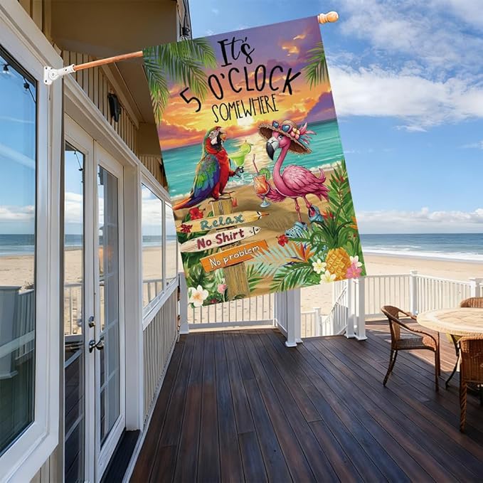 Baccessor Summer House Flag 28 x 40 Inch, Flamingo Its 5 O'Clock SOMEWHERE Double Sided Burlap Welcome Large Yard Flag Seasonal Holiday Lawn Proch Outdoor Outside Decor